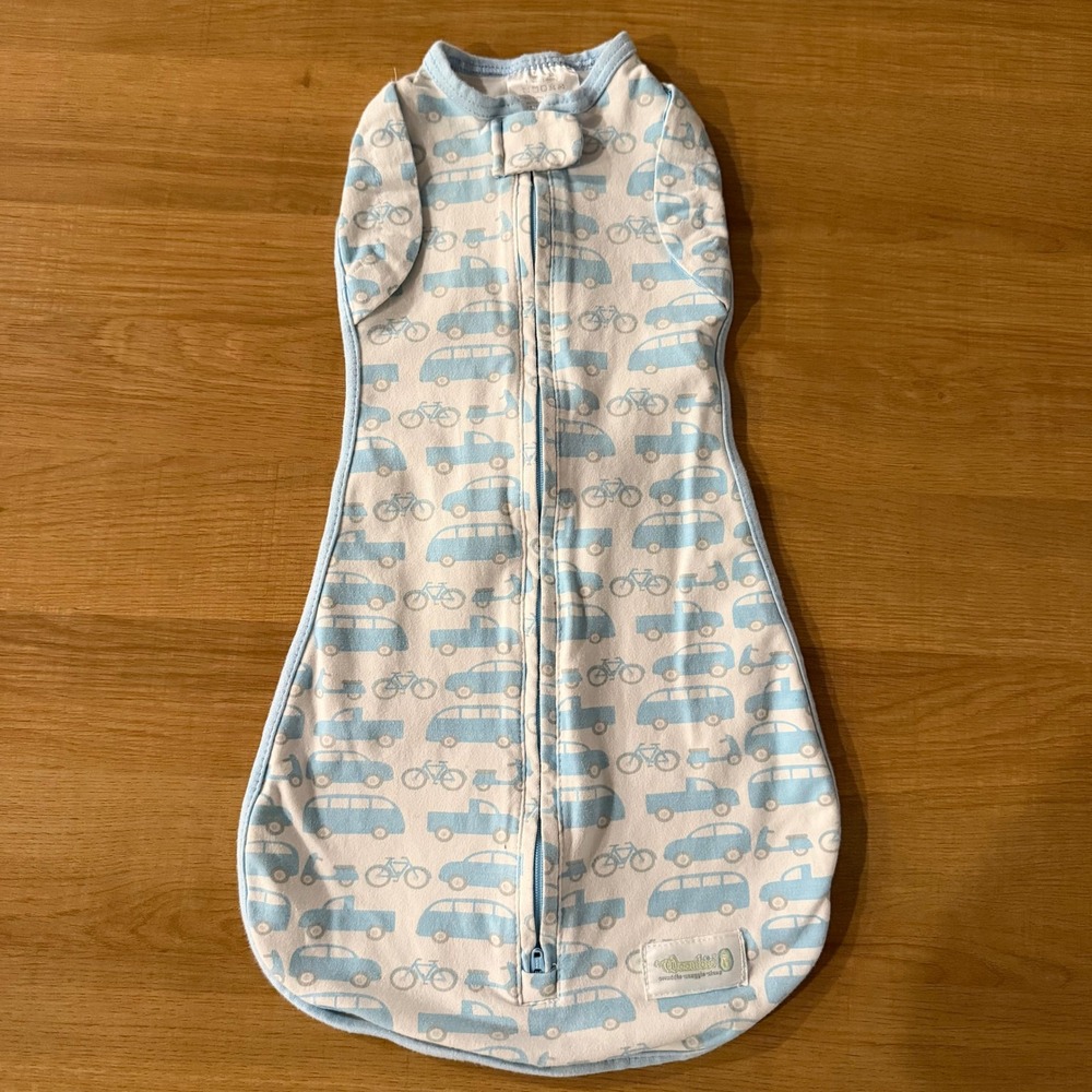 Woombie Transitional Swaddle 0-3 Months Blue White Truck Bicycle Sleep Sack